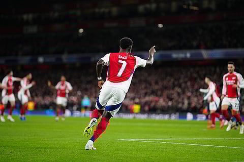 UEFA Champions League: Arsenal's Bukayo Saka celebrates after scoring the opening goal