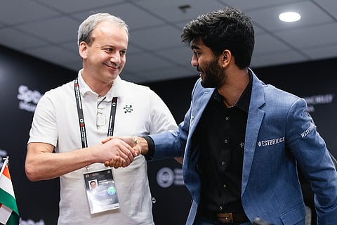 World Chess Championship 2024: D Gukesh being congratulated after he defeated Ding Liren