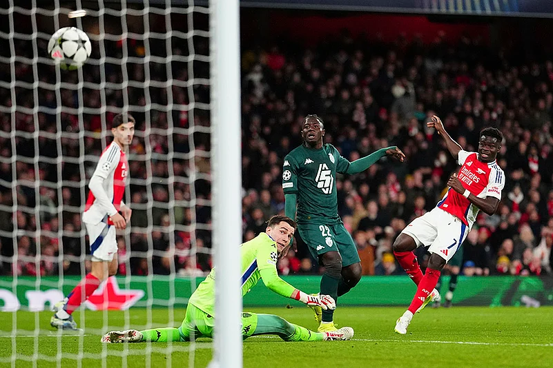 UEFA Champions League Soccer Arsenal vs Monaco football match photos: Bukayo Saka