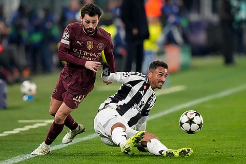 UEFA Champions League: Manchester City's Bernardo Silva, left, and Juventus' Danilo fight for the ball