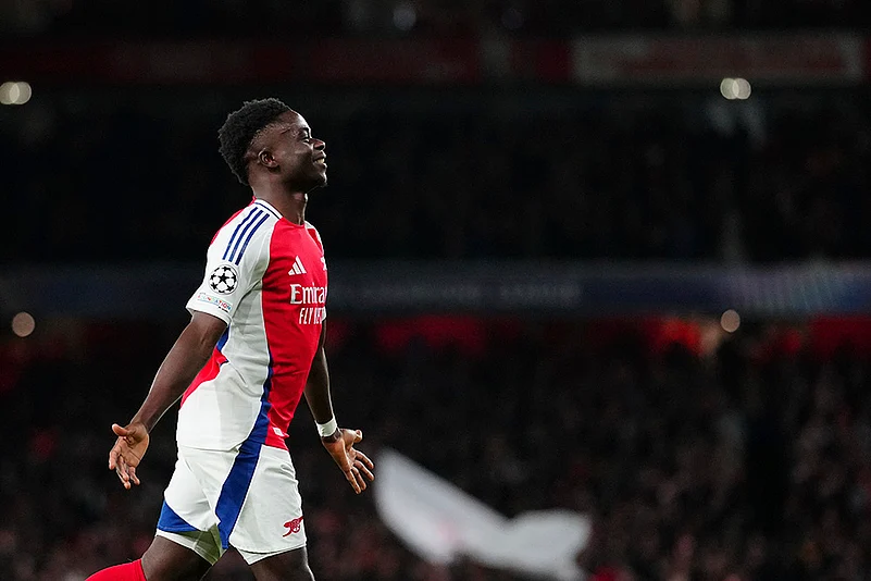 UEFA Champions League Soccer Arsenal vs Monaco football match photos: Bukayo Saka