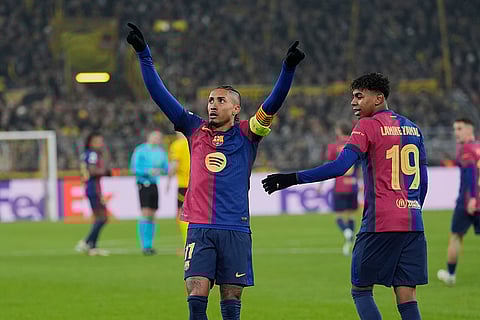 UEFA Champions League: Barcelona's Raphinha celebrates the opening goal