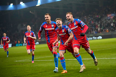 UEFA Europa League: Plzen's Matej Vydra, right, celebrates after scoring his side's opening goal