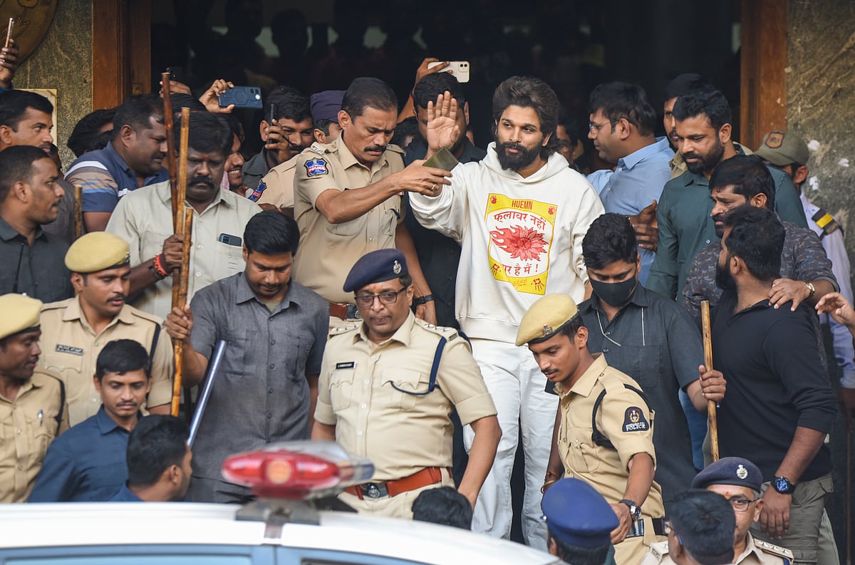 PTI : Telugu actor Allu Arjun leaves from Gandhi Hospital after a medical check-up following his arrest, in Hyderabad, Friday, Dec. 13, 2024 |