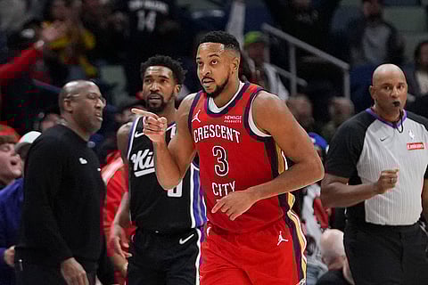 NBA: Pelicans guard CJ McCollum (3) reacts after making a 3-point basket
