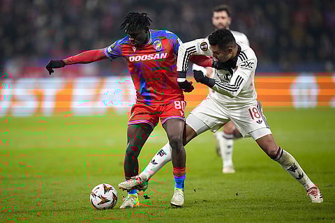UEFA Europa League: Man United's Casemiro, right,challenges for the ball with Plzen's Prince Kwabena Adu