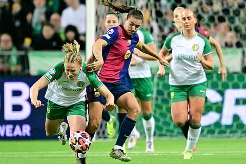 Women's Champions League: Hammarby's Julie Blakstad, left, and Barcelona's Patri Guijarro