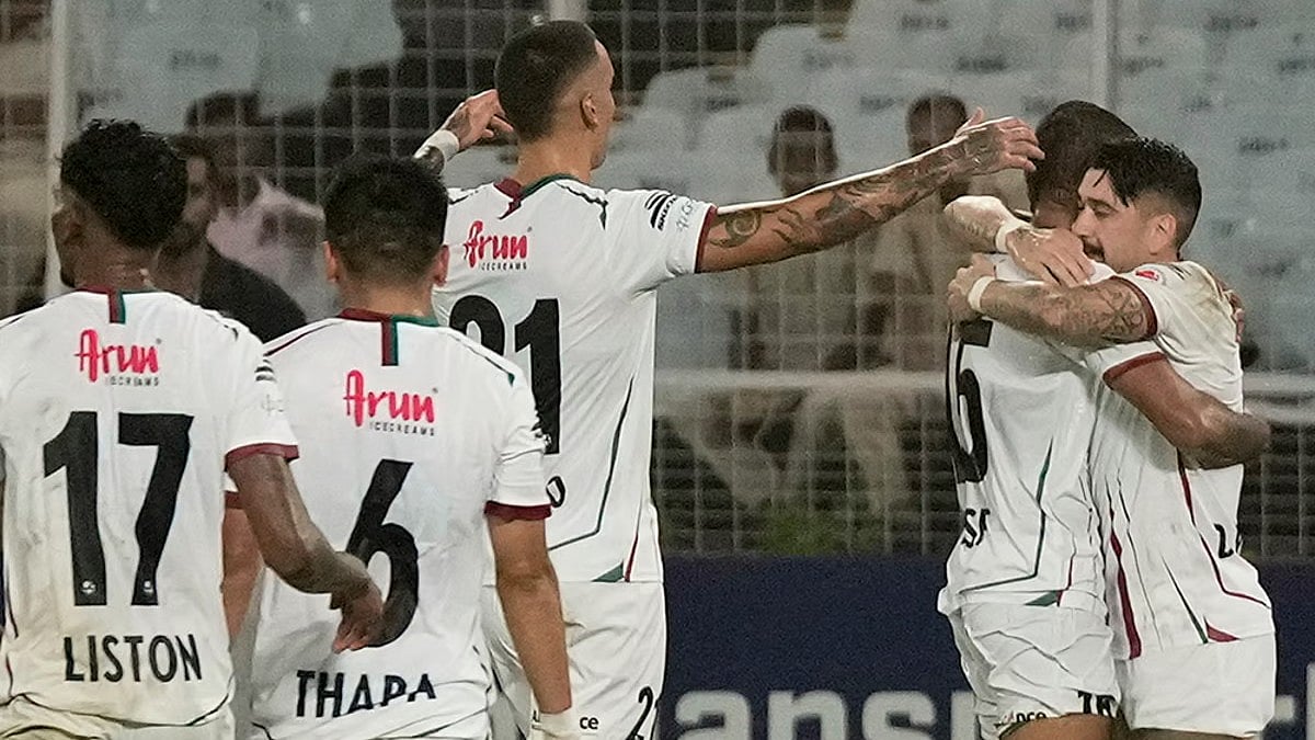PTI : Dimitrios Petratos (9) of Mohun Bagan Super Giant celebrates with teammates after scoring a goal during their Indian Super League (ISL) 2024-25 match against East Bengal FC in Kolkata.