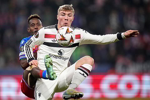 UEFA Europa League: Man United's Rasmus Hojlund, right, challenges for the ball with Plzen's Sampson Dweh