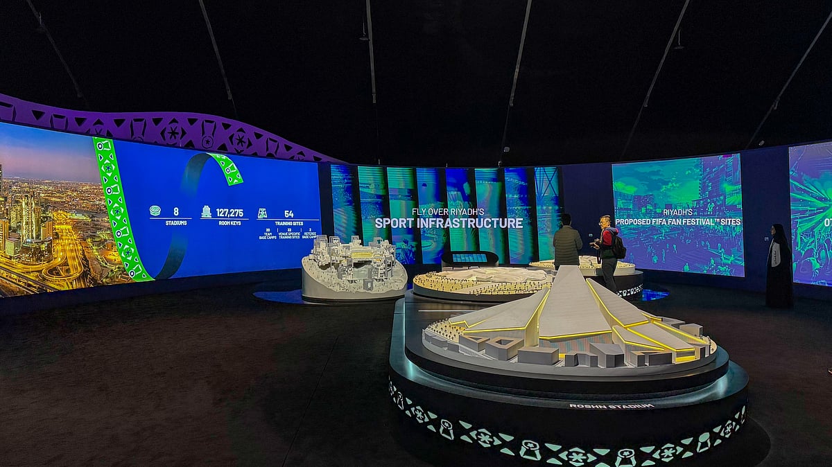FILE - A detailed model of Riyadh's proposed sports infrastructure is on display at the Saudi Arabia World Cup bid exhibition in Riyadh, Saudi Arabia, Dec. 11, 2024. The exhibition highlights the Kingdom's plans for hosting the 2034 World Cup. 
 - (AP Photo/Baraa Anwer, File)