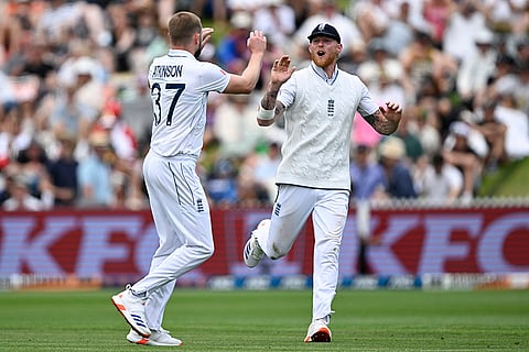 NZ vs ENG 3rd Test Day 1: England's Gus Atkinson and Ben Stokes celebrate the wicket of New Zealand's Will Young