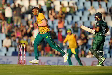 RSA Vs PAK, 2nd T20I: South Africa's Ottneil Baartman celebrates after dismissal by Pakistan's Mohammad Rizwan
