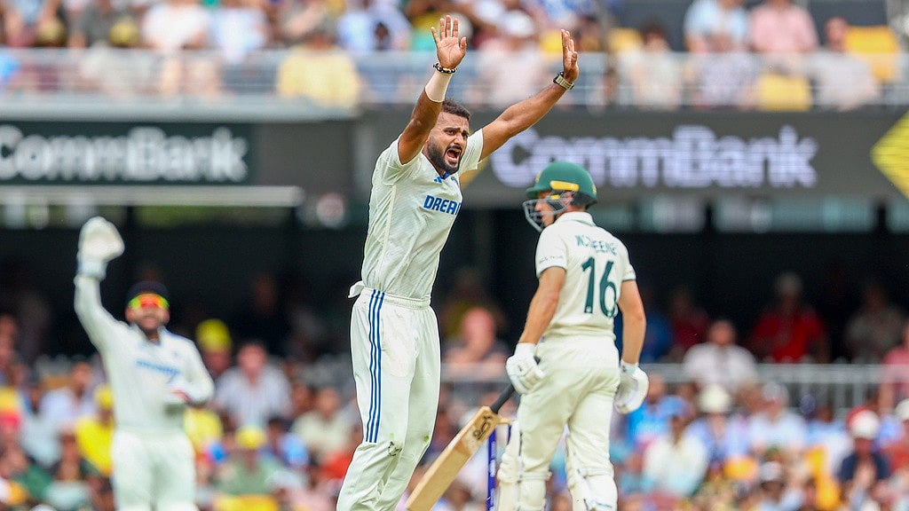 AP : Akash Deep, centre, appeals unsuccessfully for the wicket of Nathan McSweeney on day one of the third Test between India and Australia at the Gabba in Brisbane.