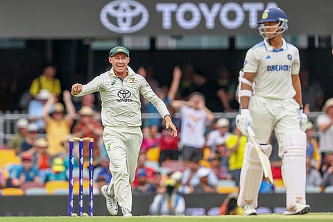 India Vs Australia, 3rd Test Day 3: Australia's Marnus Labuschagne, left, celebrates the dismissal of India's Yashasvi Jaiswal