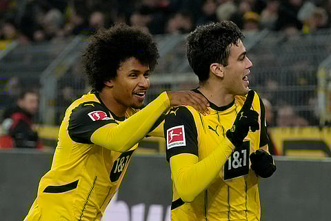 Bundesliga 2024-25: Dortmund's Giovanni Reyna, right, celebrates after scoring the opening goal