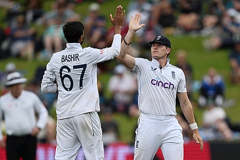 NZ vs ENG 3rd Test Day 3: England bowler Shoaib Bashir is congratulated by Matthew Potts after taking the wicket