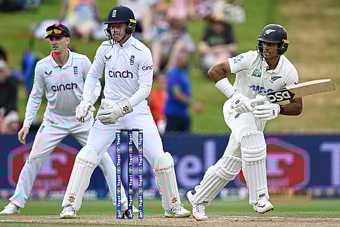NZ vs ENG 3rd Test Day 3: New Zealand's Rachin Ravindra, right, bats during play