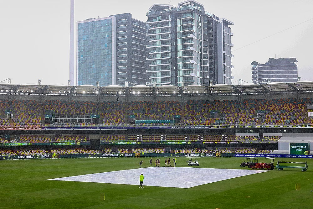 | Photo: AP/Pat Hoelscher : India vs. Australia, Third Test Day 3: Before play begins, ground crew checks the covers due to the rain