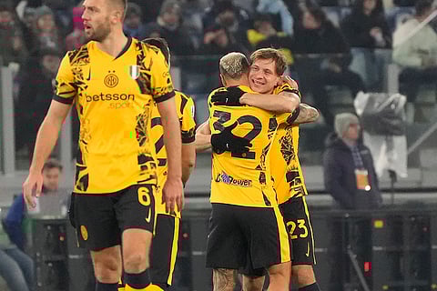 Serie A 2024-25: Inter Milan's Nicolo Barella, centre, celebrates after scoring his side's third goal