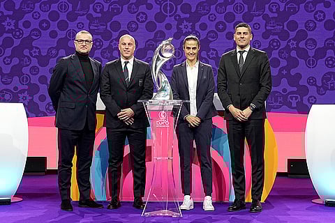 Women's Euro 2025 Draw: The coaches of Belgium Ives Serneels, Italy Andrea Soncin, Spain Montserrat Tome and Portugal Francisco Neto
