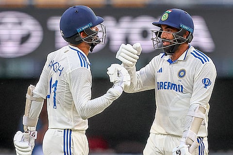 India Vs Australia, 3rd Test Day 4: India's Akash Deep, left, fist bumps with batting partner Jasprit Bumrah