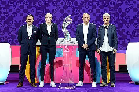 Women's Euro 2025 Draw: Ccoaches of Finland Marko Saloranta, Norway Gemma Grainger, Iceland Thorsteinn Halldorsson and Switzerland Pia Sundhage