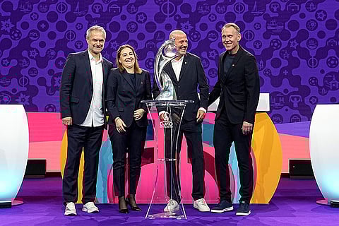 Women's Euro 2025 Draw: The coaches of Germany Christian Wueck, Poland Nina Patalon, a representative of Sweden and Denmark coach Andree Jeglertz
