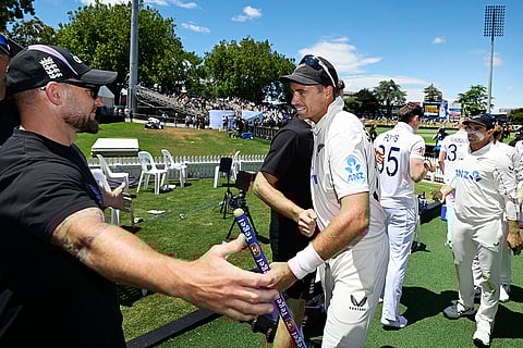 Brendon McCullum, left, the England coach, congratulates Tim Southee