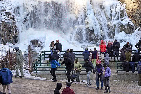 Cold wave in Kashmir valley: Frozen waterfall at Drung area