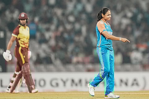 IND women vs WI women 2nd T20: India's bowler Saima Thakor celebrates the wicket of West Indies' batter Qiana Joseph