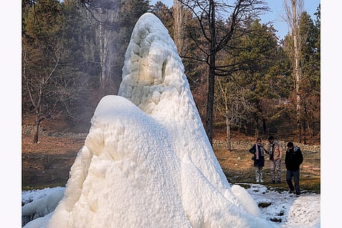 Cold wave in Kashmir valley: Frozen Drung waterfall at Tangmarg