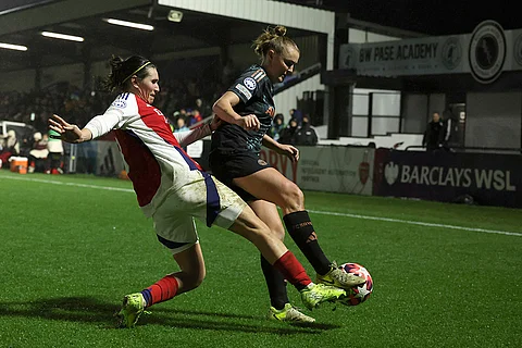 Women's Champions League: Arsenal's Mariona Caldentey, left, tackles Bayern Munich's Georgia Stanway