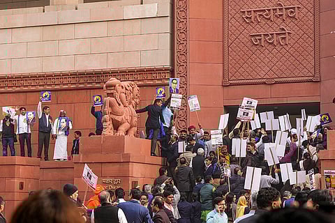NDA and INDIA bloc members protest over Ambedkar issue