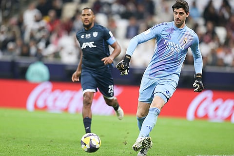Intercontinental Cup 2024: Real Madrid's goalkeeper Thibaut Courtois clears a ball