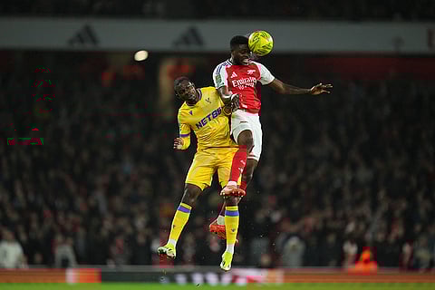 EFL Cup Quarterfinal: Arsenal's Thomas Partey, right, and Crystal Palace's Tyrick Mitchell jump for a header