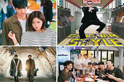 The Kulture Wave: (Clockwise) A still from My ID is Gangnam Beauty; PSY’s ‘Gangnam style’ dance move; Members of BTS in a ‘BTS’ photo; A still from Goblin