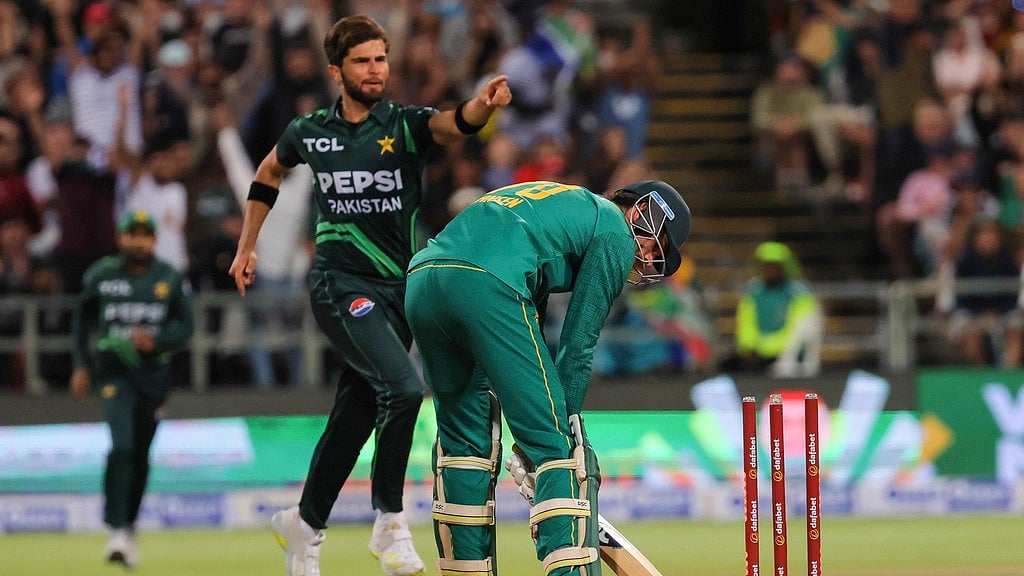 Photo: AP/Halden Krog : Shaheen Shah Afridi celebrates after dismissing Marco Jansen during the second ODI between Pakistan and South Africa in Cape Town.