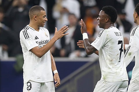 Intercontinental Cup 2024: Real Madrid's Kylian Mbappe celebrates with Vinicius Junior after he scoring the opening goal