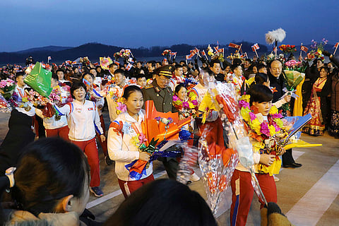 North Korea Weightlifting: North Korea's weightlifters arrive at Pyongyang International Airport