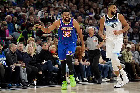 NBA: Knicks center Karl-Anthony Towns (32) celebrates after making a 3-point basket