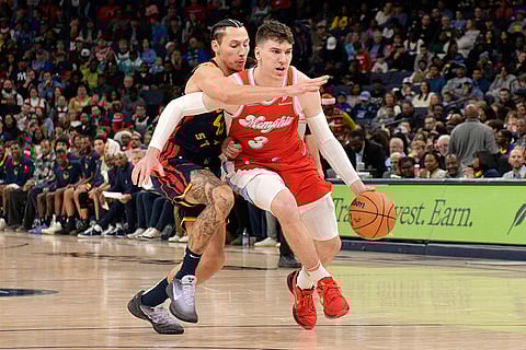 Grizzlies forward Jake LaRavia (3) handles the ball against Warriors forward Lindy Waters III