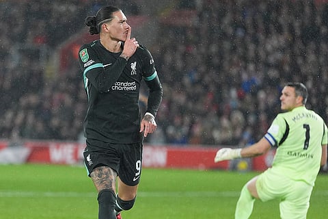 EFL Cup Quarter-Finals: Liverpool's Darwin Nunez celebrates after scoring