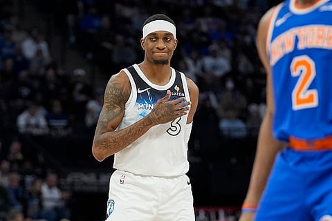 NBA: Timberwolves forward Jaden McDaniels (3) reacts after missing a shot