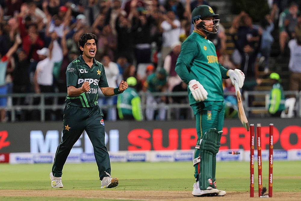 | Photo: AP/Halden Krog : SA vs PAK 2nd ODI: Naseem Shah celebrates the final wicket of South African batsman Heinrich Klaasen