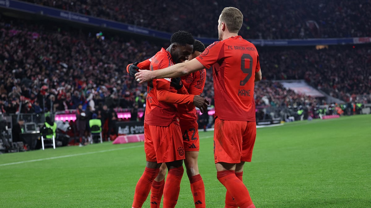 Bayern Munich celebrate their fifth goal against RB Leipzig