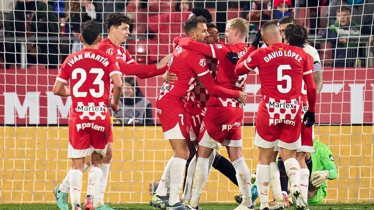 Girona celebrate Arnaut Danjuma's goal against Real Valladolid