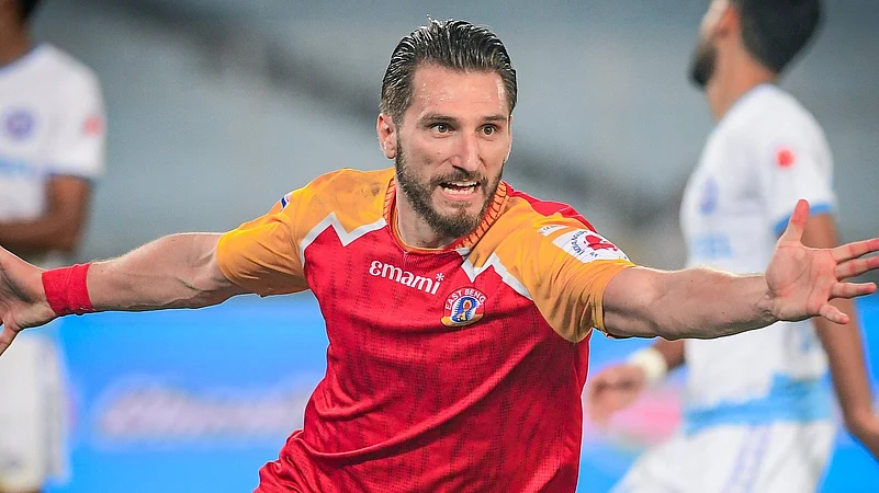 Dimitrios Diamantakos celebrates after scoring for East Bengal