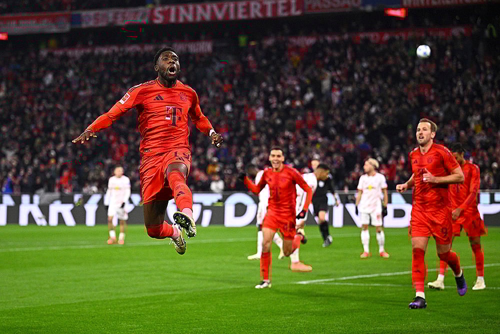 | Photo: Tom Welle/dpa via AP : Bundesliga 2024-25: Munich's Alphonso Davies celebrates his goal
