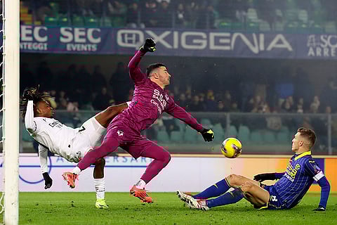 Serie A 2024-25: Verona's goalkeeper Lorenzo Montipo makes the save