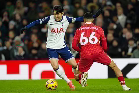 EPL 2024-25: Tottenham's Son Heung-min fights for the ball with Liverpool's Trent Alexander-Arnold